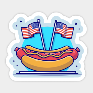 Tasty Hotdog on Plate with USA Independence Day Flag And Balloon Cartoon Vector Icon Illustration Sticker